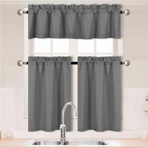 3Piece Solid Color 100% Blackout Kitchen Window Curtain Set with Tiers & Valance